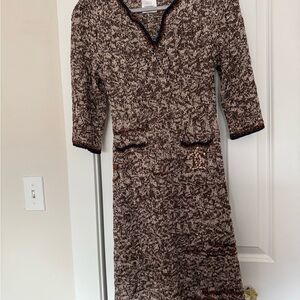 CHANEL Textured Brown and Black Long Sleeve Dress